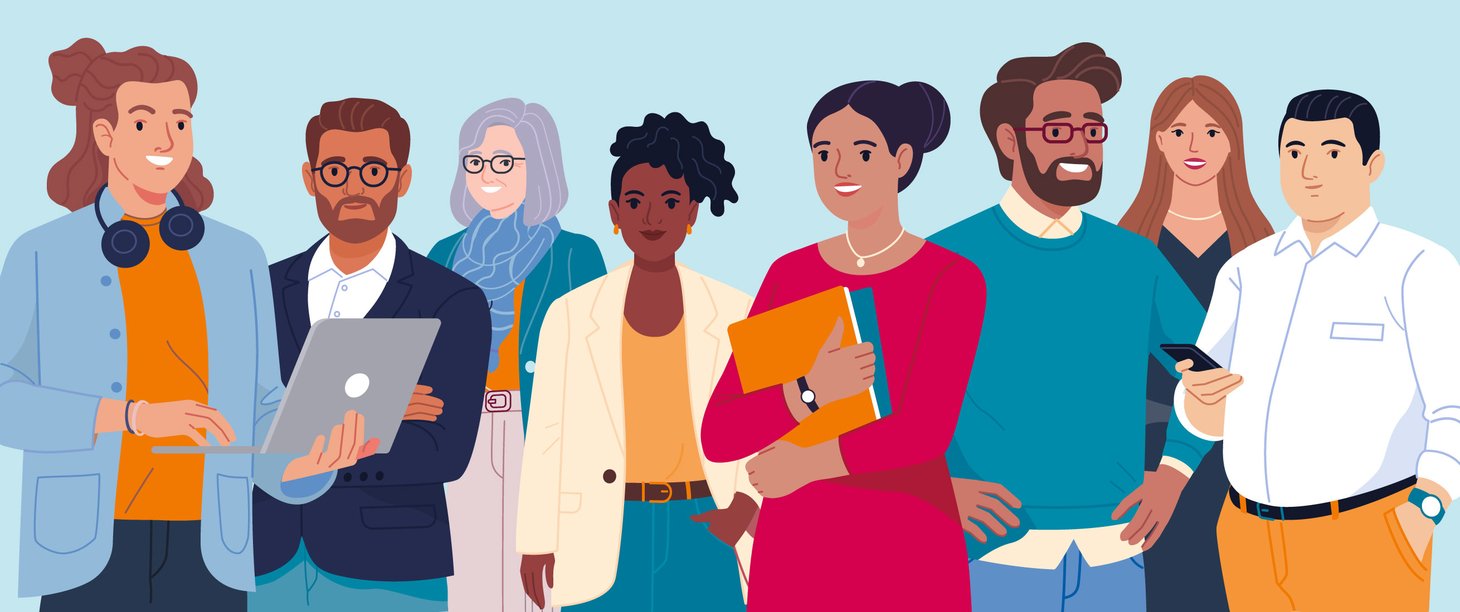 Grafik von acht Menschen unterschiedlichen Geschlechts, Alters und Hautfarbe